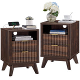 T4TREAM Fluted Nightstand Set of 2 with Charging Station, 18" Modern Side Table, 2 Drawers End Table with Storage, Bedside Table for Bedroom, Living Room, Curved Profile Design, Dark Walnut T4TREAM