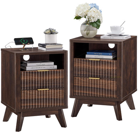 T4TREAM Fluted Nightstand Set of 2 with Charging Station, 18" Modern Side Table, 2 Drawers End Table with Storage, Bedside Table for Bedroom, Living Room, Curved Profile Design, Dark Walnut T4TREAM