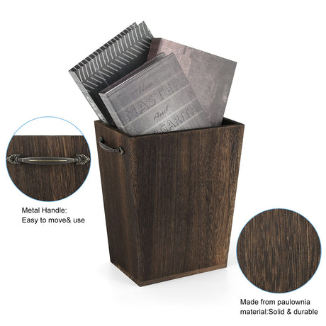 Trash Can Wastebasket Wood Garbage Container Bin with Built-in Double Metal Handles for Office, Bedroom, and Bathroom, Dark Brown OYEAL