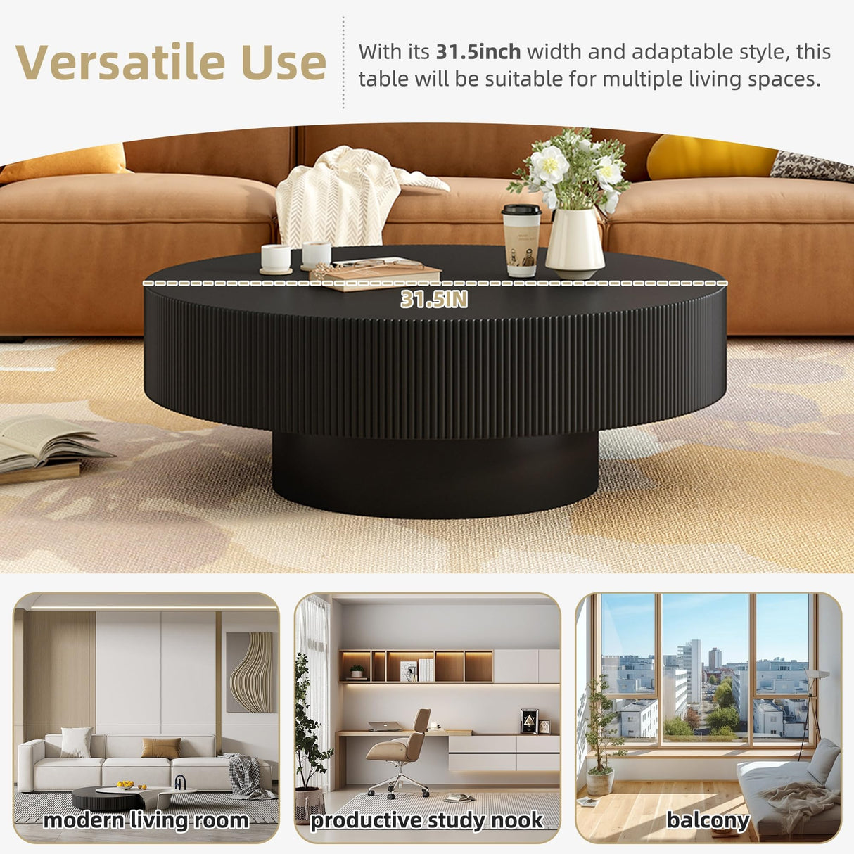 Merax Modern Round Coffee Table with Sturdy Base, Wood Center Tables for Living Room Reception Room, Easy Assemble, Black Merax