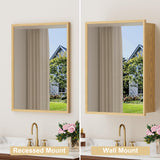 HBEZON 24x30 Inch Wooden Medicine Cabinet with Mirror, Surface or Recessed Mounted Bathroom Cabinets with Door, Adjustable Shelves, Soft-Close Hinge, Wall Storage, Oak Wood Frame HBEZON