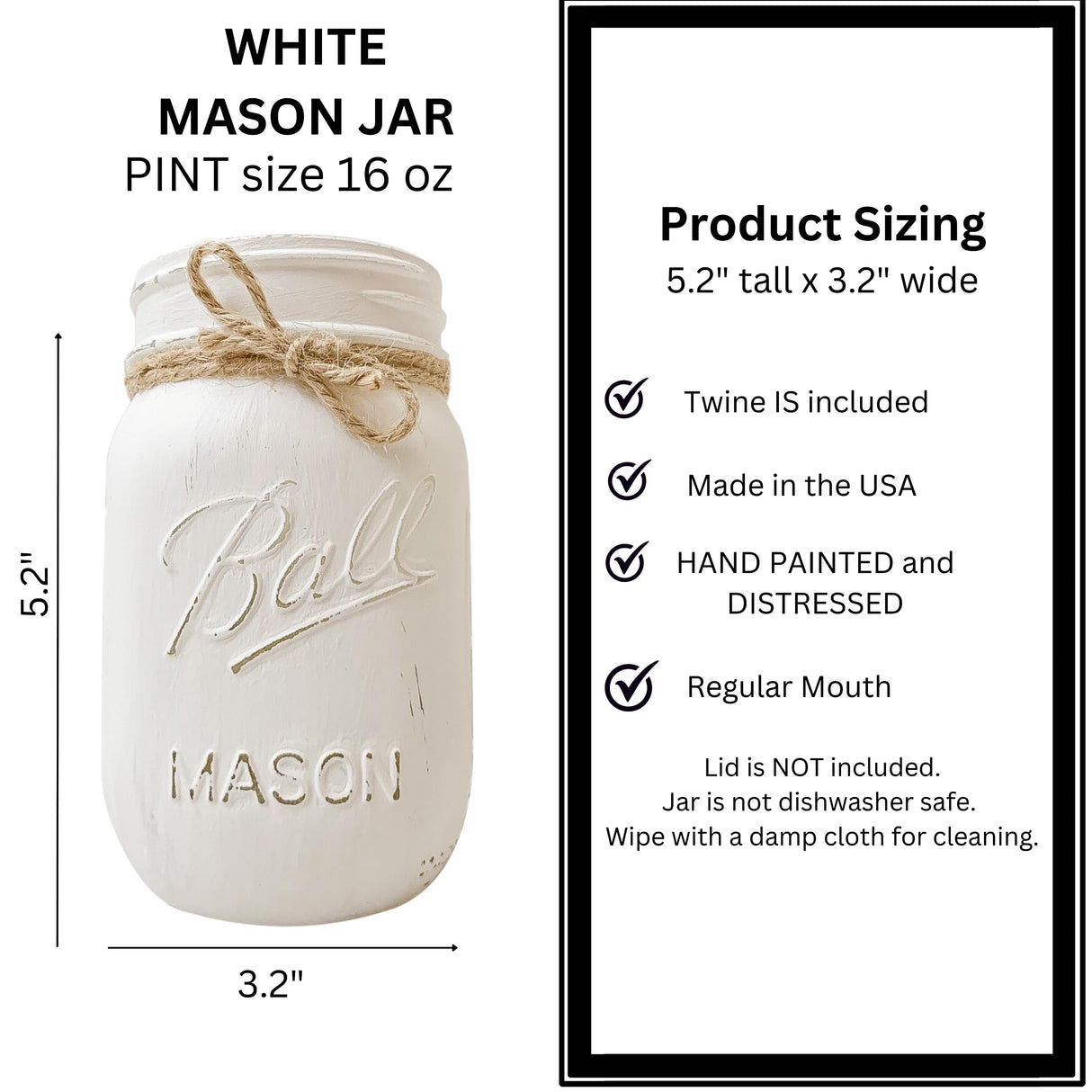 Small White Mason Jar Decor – 16 oz Hand Painted Distressed Jar – 5 Inch Farmhouse Pen Holder or Small Flower Vase – Rustic Modern Centerpiece for Desk, Tiered Tray (White Jar - No Flowers) Viva's Flower Shop