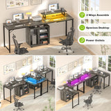 Cyclysio L Shaped Gaming Desk with Wood Cabinet, 58" Large Corner Desk with LED Lights & Power Outlet, Reversible Computer Desk with Monitor Stand, Home Office Desk 2 Person Corner Desk, Grey Oak Cyclysio