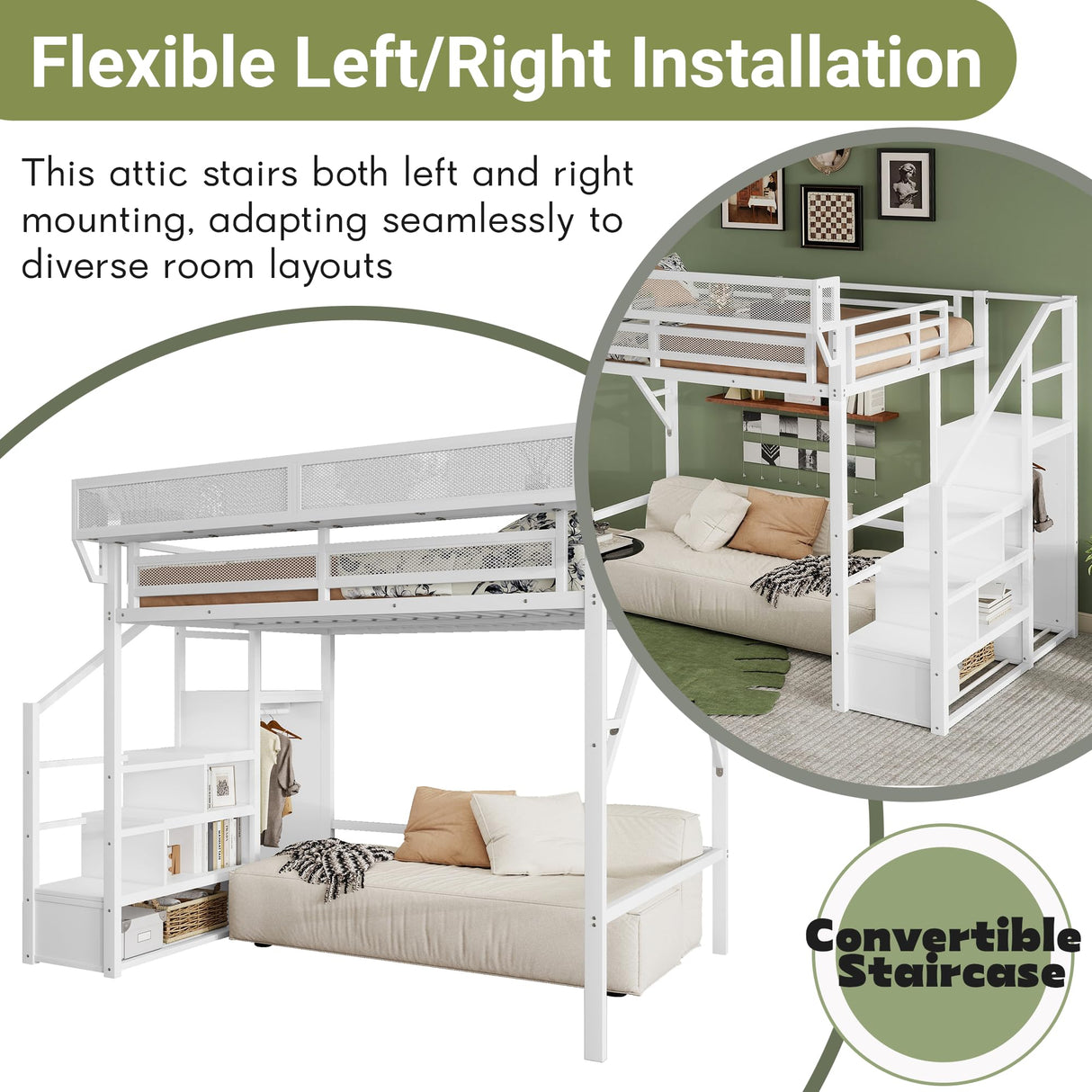 Mirightone Full Size Loft Bed with Stairs and Storage, Metal Loft Bed Frame with Bedside Shelf and Large Under-Bed Space, Heavy-Duty Loft Beds for Adults Teens and Kids, White Mirightone