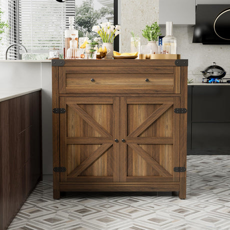 JUMMICO Coffee Bar Cabinet Farmhouse Kitchen Sideboard Buffet Cabinet with Drawer and Adjustable Shelf Barn Door Storage Cabinet for Kitchen, Dining Room, Bathroom, Entryway (Brown) JUMMICO