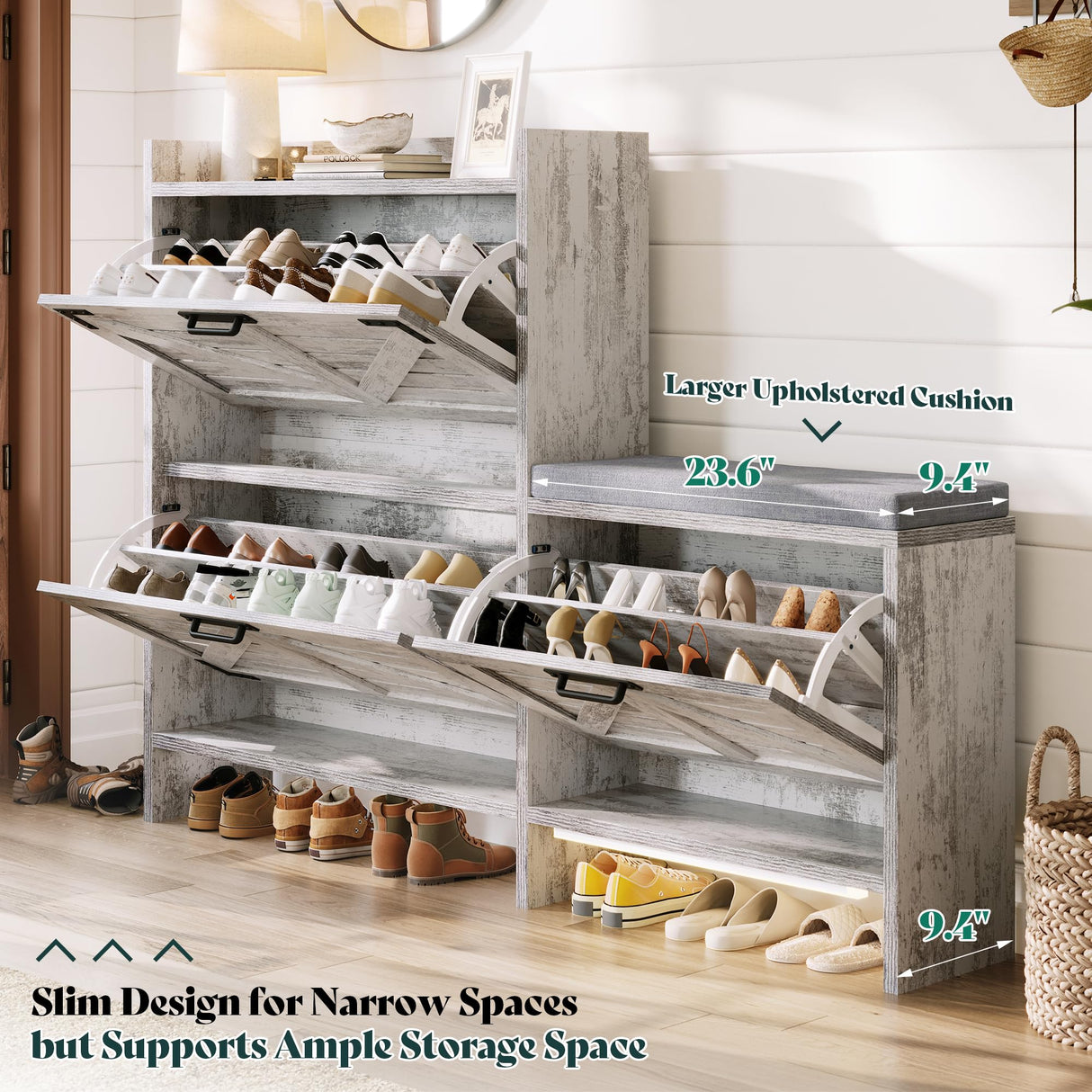 AMERLIFE Farmhouse Entryway Shoe Storage Bench with USB Motion Sensor Light, Flip Drawers & Cushioned Seat, Narrow Hallway Shoe Cabinet for Small Space, Rustic White AMERLIFE