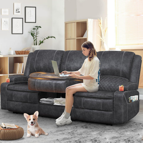 Yolsali 3-Seater Recliner Sofa, Manual Reclining Couch with Multi-Functional Middle Seat, Reclining Sofa for Living Room with Hidden Storage Space, Cup Holders, and Removable Console - Grey Yolsali