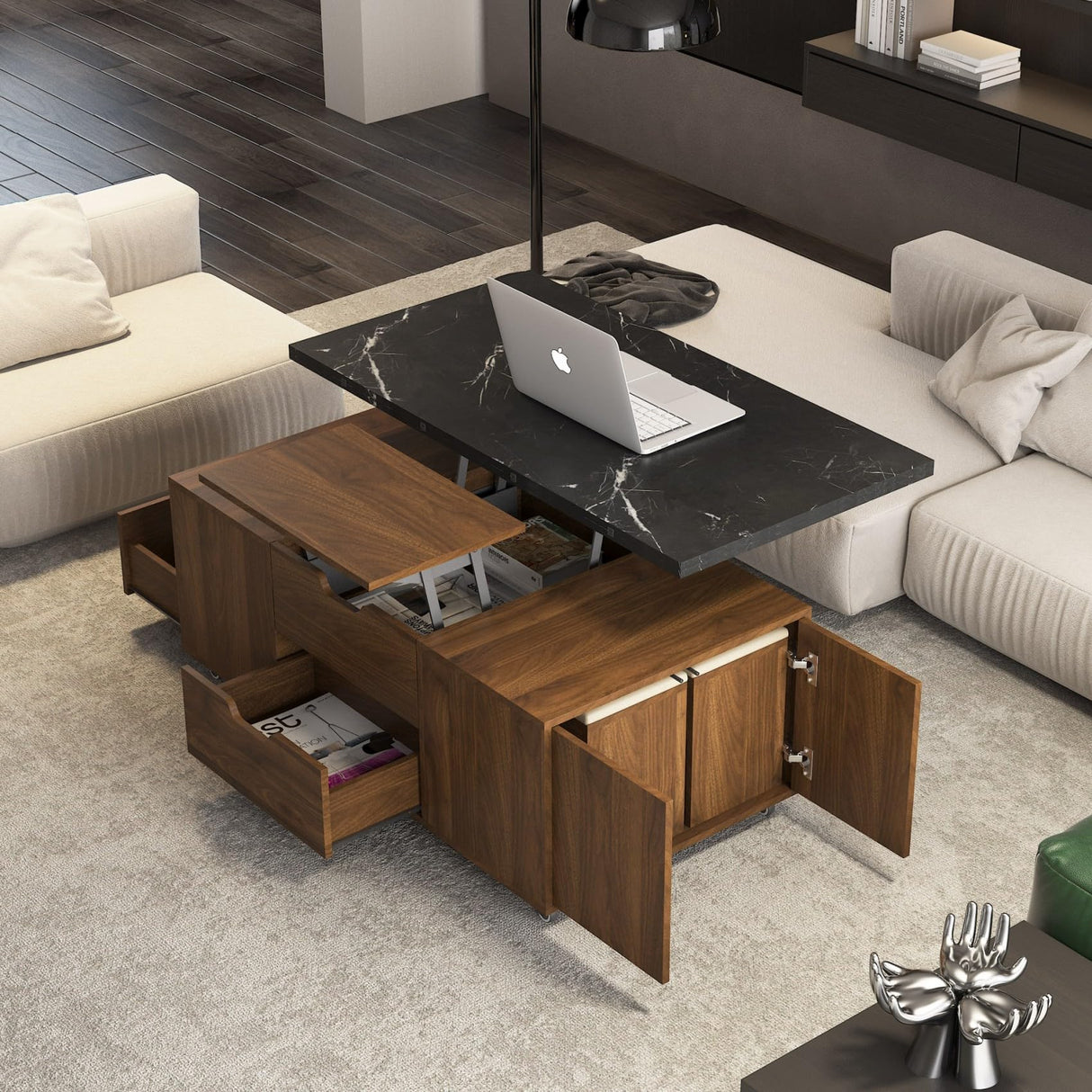 KEIKI Expandable Desktop Lift Top Nesting Coffee Table with 2 Stools, 1 Hidden Storage Space & Drawers, Wood Modern Rectangular Center Table for Living Room Furniture, Black & Walnut KEIKI