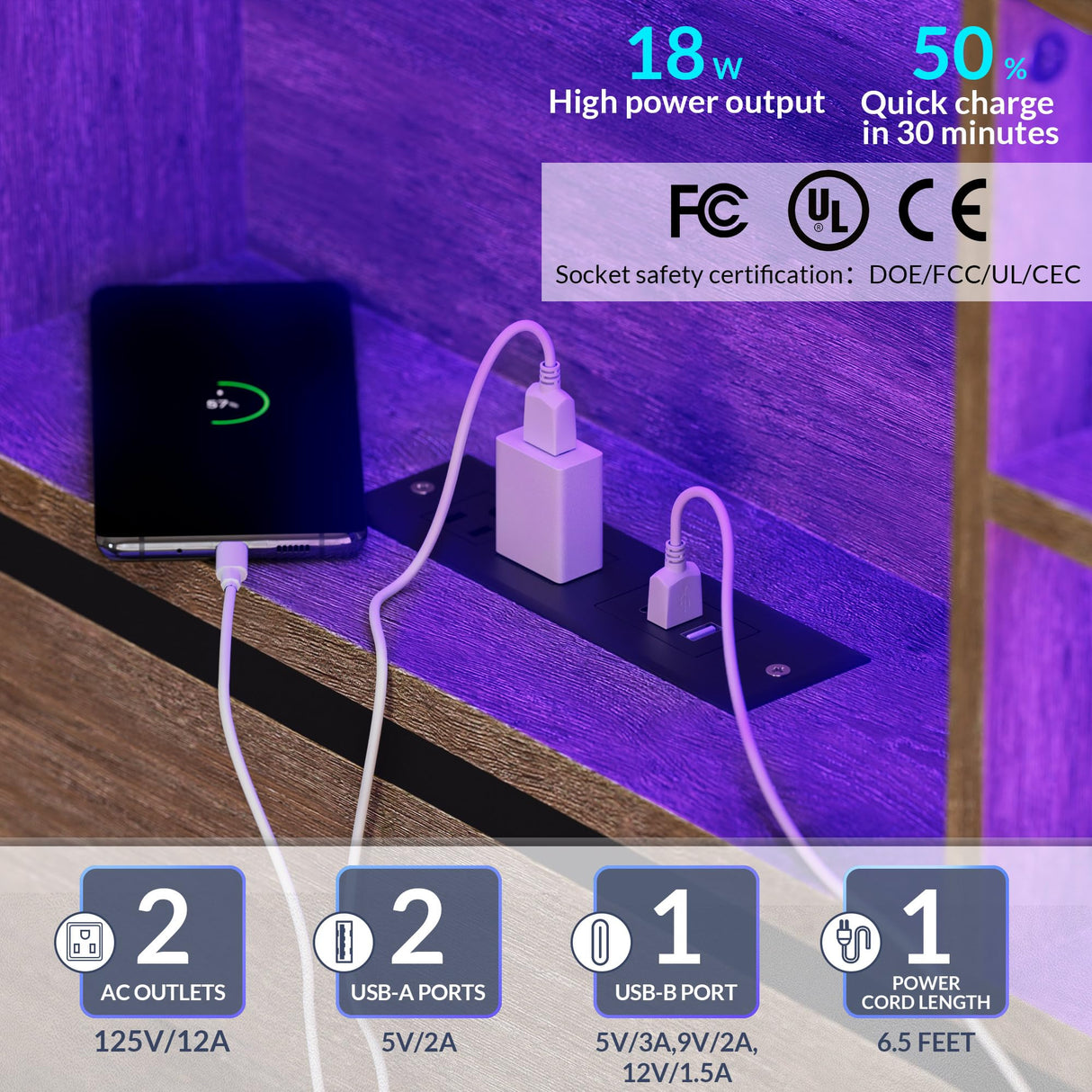 BELLEZE Riviera Full Size Bed Frame with Storage Headboard, RGB LED Light and Fast Charging Station BELLEZE