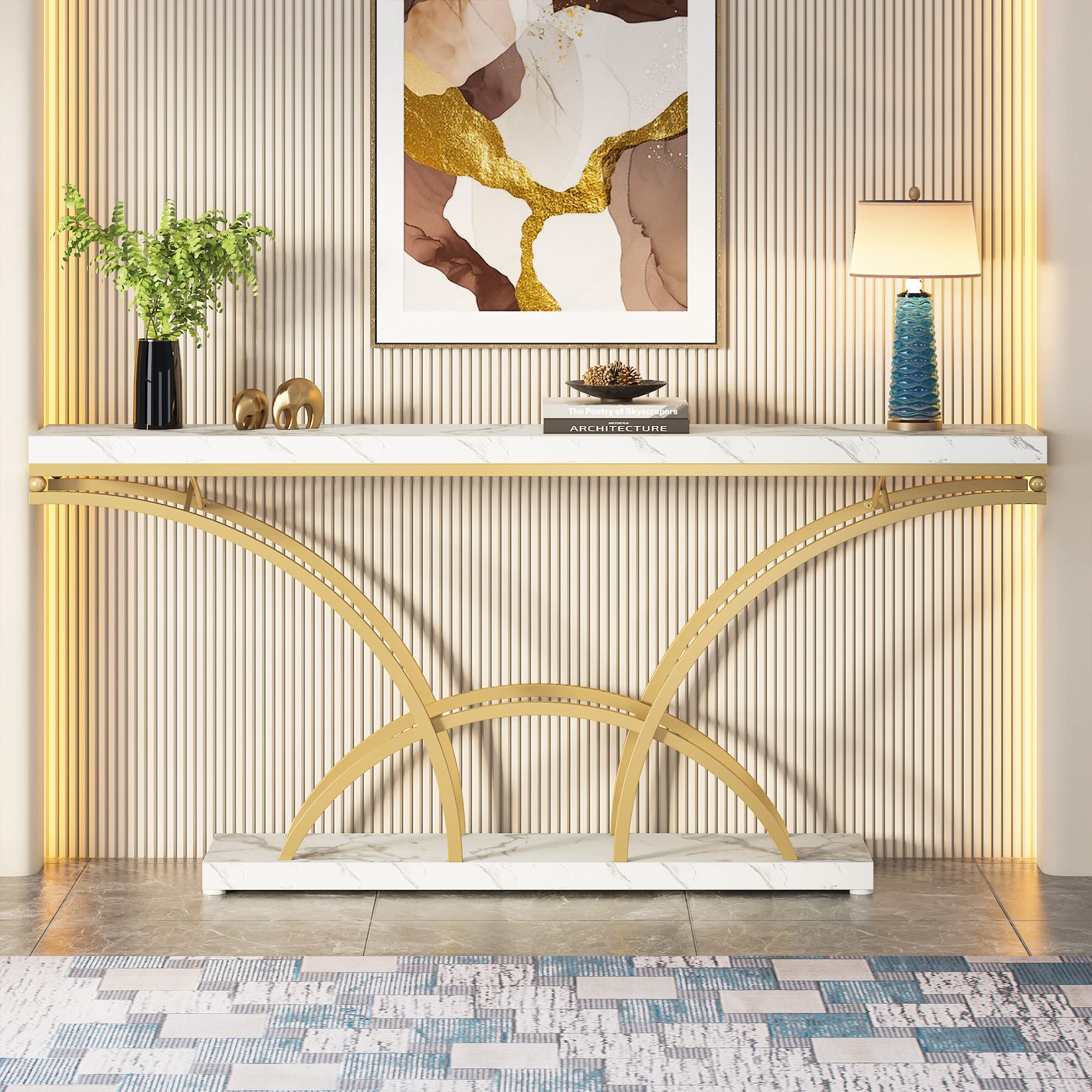 Tribesigns 70.9 Inch Long Console Table for Entryway,Gold Sofa Table with White Faux Marble Tabletop,Mid Century Accent Table with Half-Moon Shape Legs - WoodArtSupply