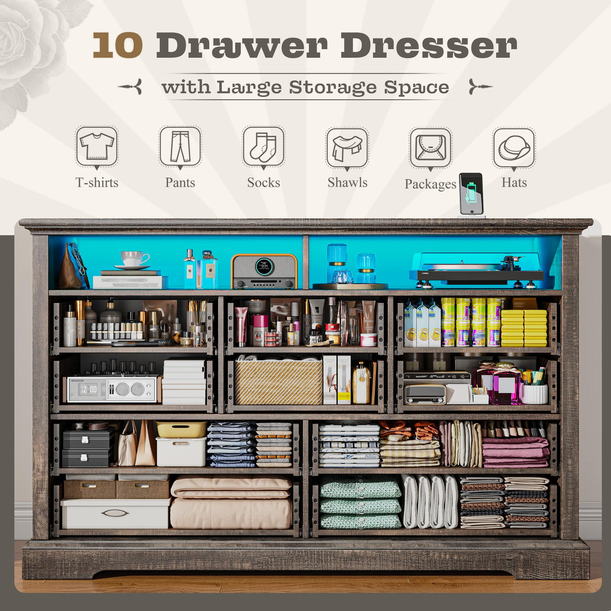 Romorgniz 10 Drawer Dresser for Bedroom, Large Farmhouse Dresser with LED Lights & Charging Station for Bedroom, Rustic Oak Romorgniz