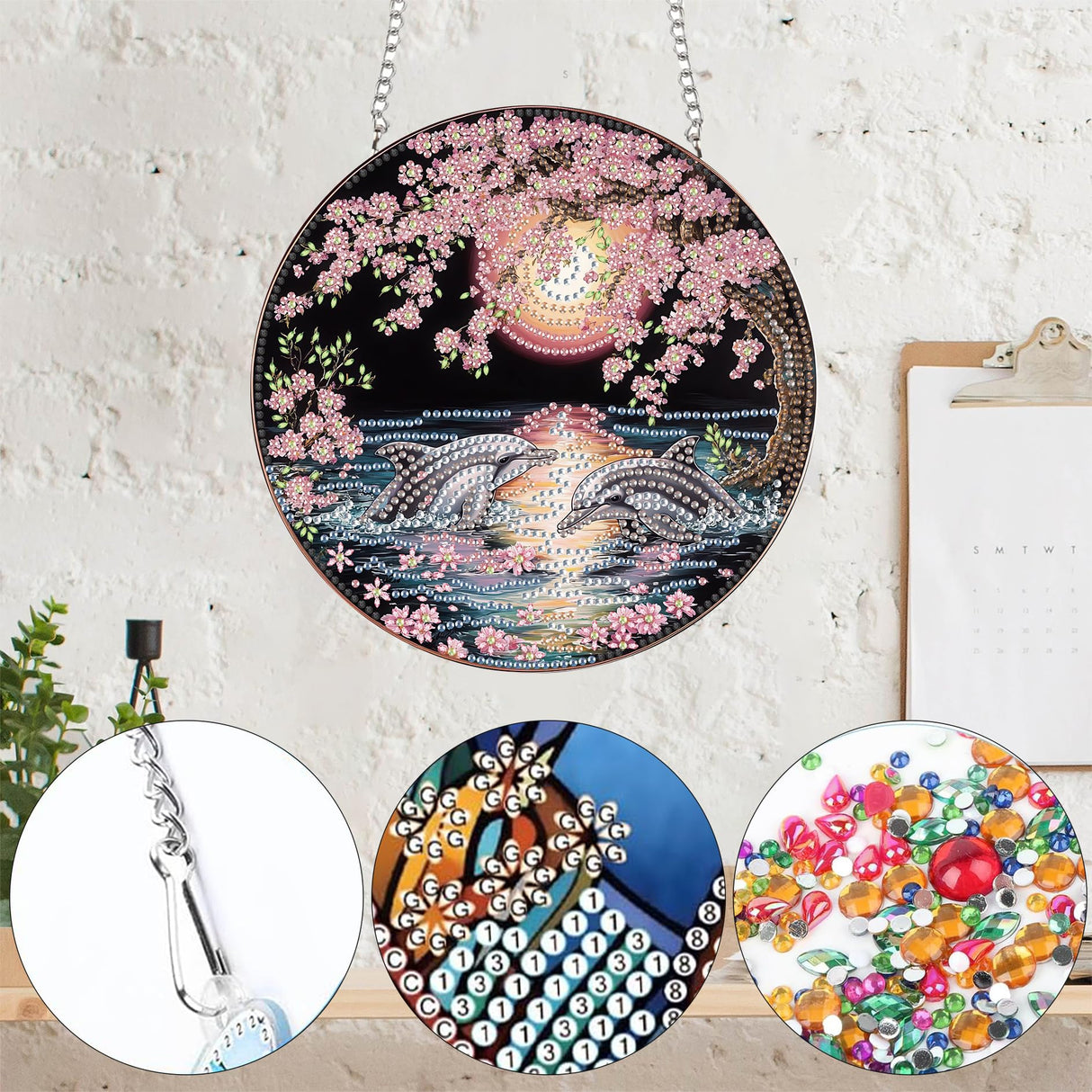 Yomiie DIY Double Sided Sun Catcher Window Hanging – Diamond Painting Pendant Kit with Dolphin Animal & Flowers Design, Spring Outdoor Decor Hanging Ornament, 5D Diamonds Art for Home/Garden 8x8 inch Yomiie