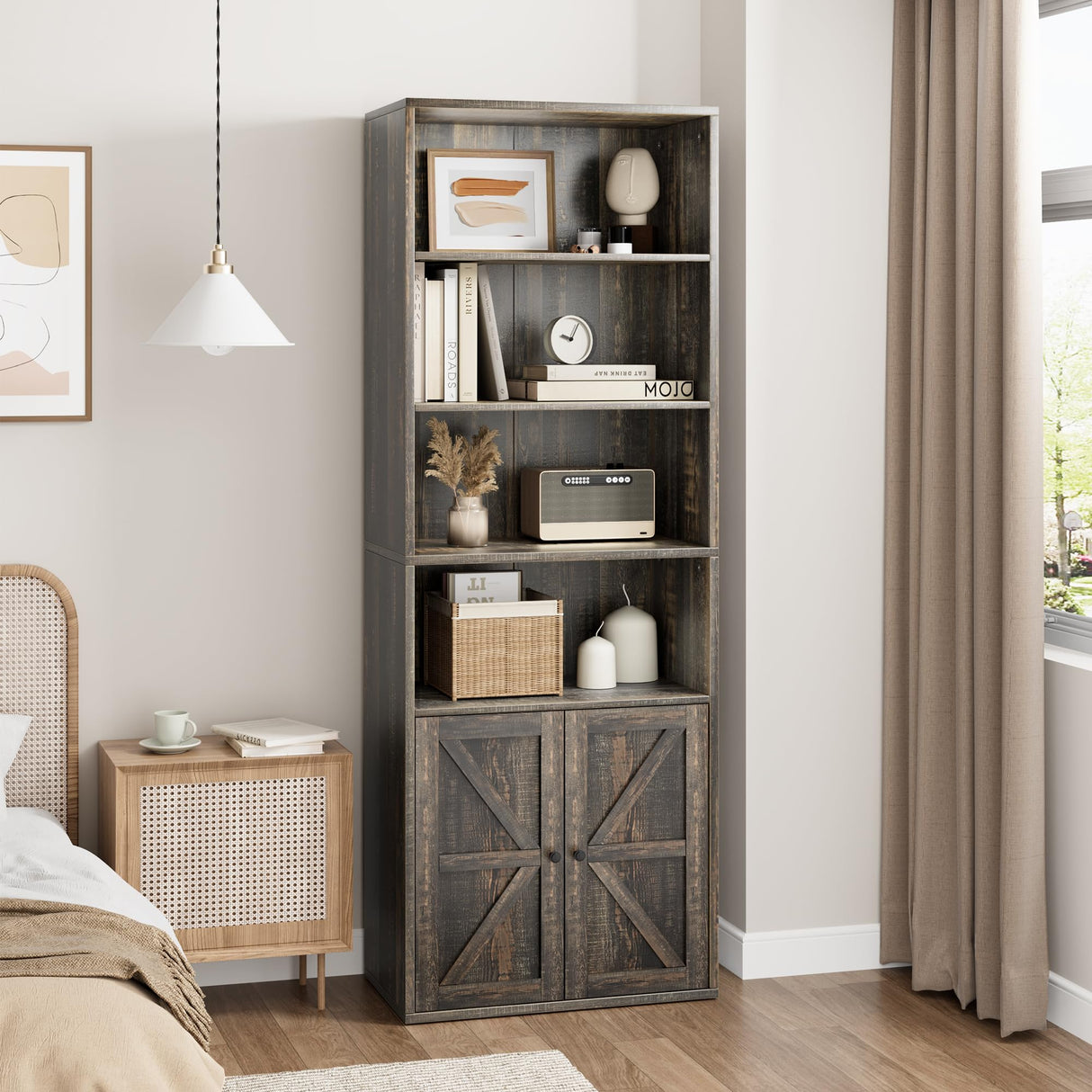 IDEALHOUSE Bookcase with Doors Industrial Bookshelf 11.8in Depth Display Storage Shelves 71.4in Tall Farmhouse Bookcases Wooden 6 Shelf Bookshelvels for Bedroom, Living Room, Home Office (Oak) IDEALHOUSE