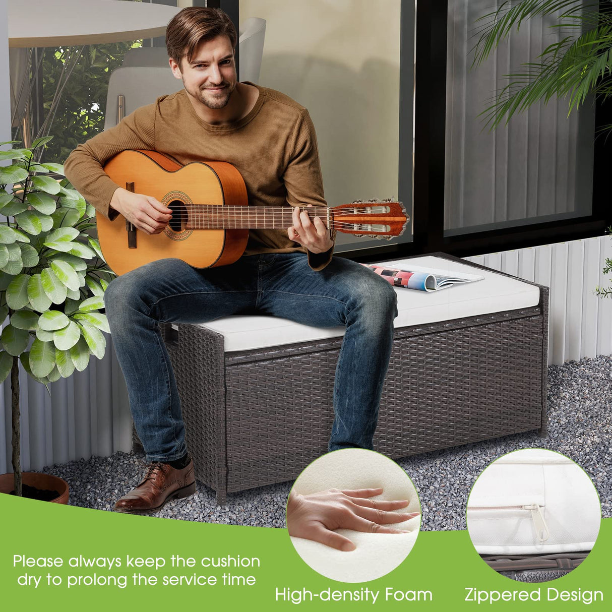 Tangkula 34 Gallon Outdoor Storage Bench with Seat Cushion, Patio Mix Brown Wicker Deck Box with Waterproof Liner and Side Handles, Outdoor Storage Bench for Cushions, Garden Tools, Pool Accessories Tangkula