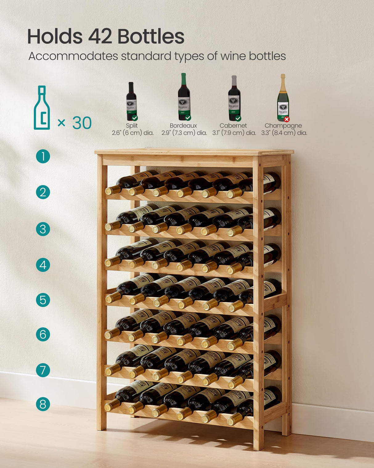 SONGMICS 42-Bottle Wine Rack Free Standing Floor, 7-Tier Display Wine Storage Shelves with Table Top, Bamboo Wobble-Free Bottle Holder for Kitchen Bar Dining Room Living Room, Natural UKWR27NL SONGMICS