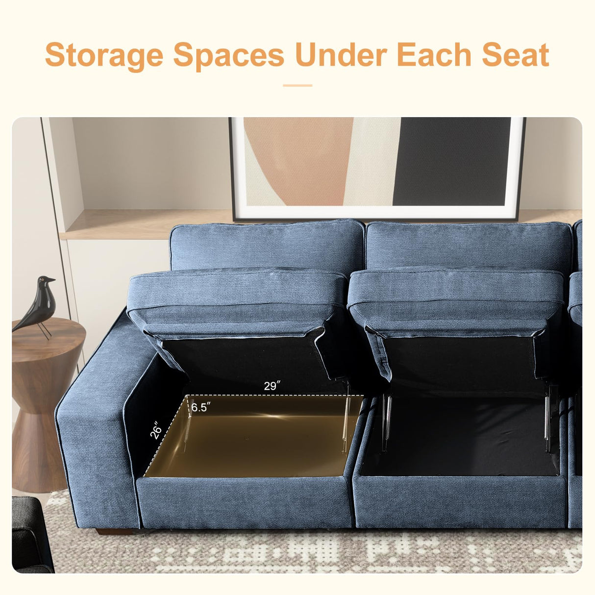 COOSLEEP 100" Sofa with Seats Storage, Comfy 3-Seater Chenille Fabric Couch for Living Room, Office, Apart W/Deep Seat, USB Charging, Upholstered Couch with Removable Cover, (Blue) COOSLEEP HOME