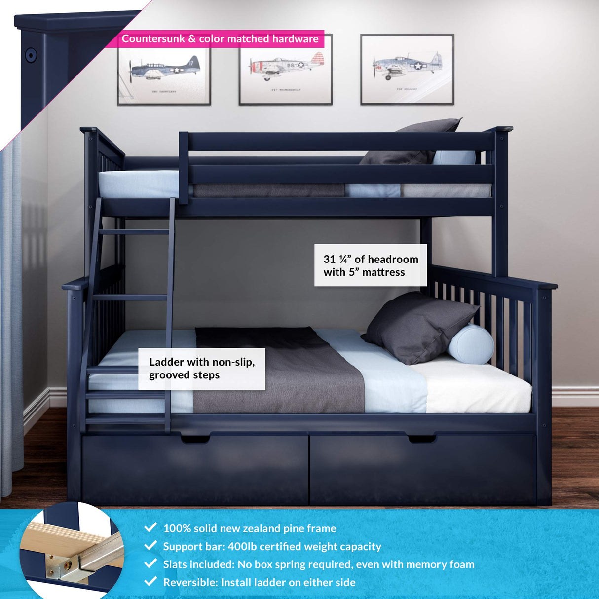 Max & Lily Twin-Over-Full Bunk Bed with Storage Drawers in Natural Wood Max & Lily