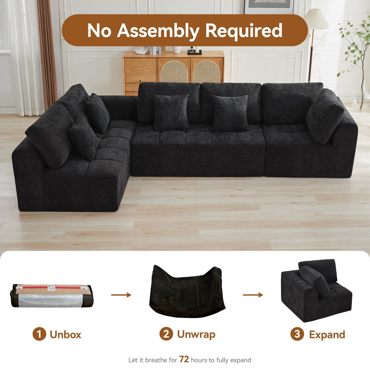 140''Modular Sectional Couches for Living Room, Cloud Boneless Compressed Sectional Sofa, Oversized L Shaped 5 Seater Upholstered Memory Foam Sofa, No Assembly, Chenille Black WUTUTUEE