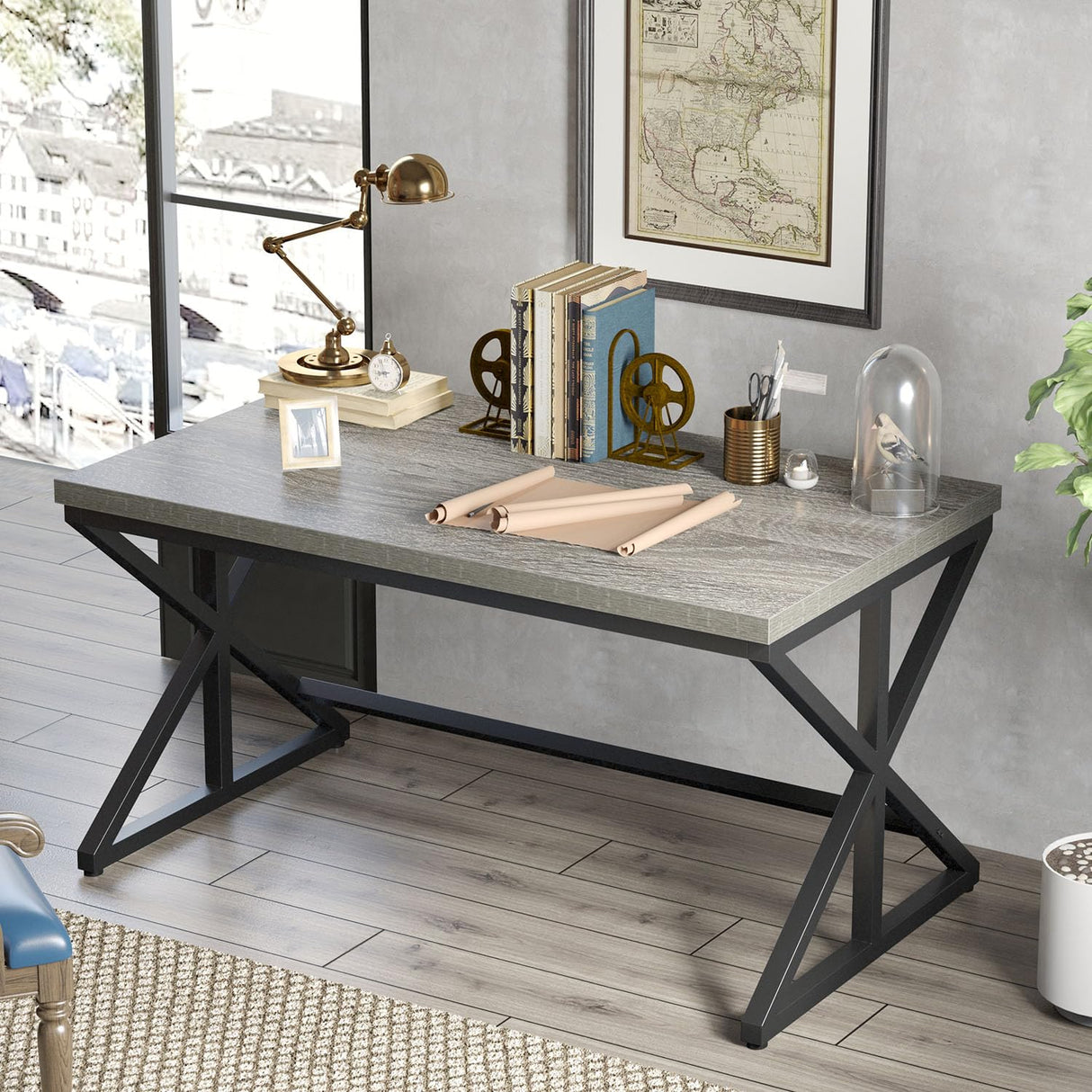 IBF Computer Desk, Industrial PC Laptop Office Desk, Farmhouse Gaming Desk with Spacious Desktop, Rustic Wood Metal Writing Study Work Table for Home Office Bedroom, 47 Inch, Grey Oak IBF