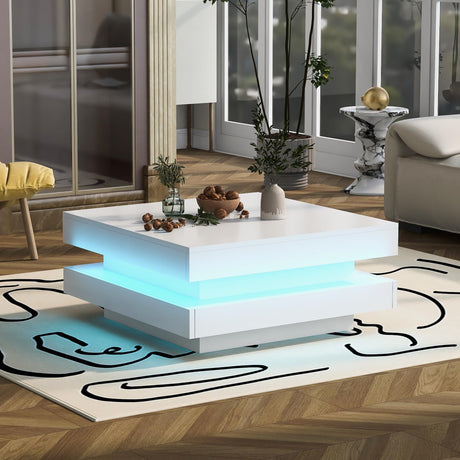 LUMISOL LED Coffee Table for Living Room, High Gloss Coffee Table, 2-Tier Square Center Table with LED Lights, 31.5''x31.5''x14.2'', White LUMISOL