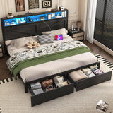 Incyneva Farmhouse King Bed Frame with Bookcase Storage Headboard, Charging Station, LED Light and 2 Storage Drawers, Noise Free, No Box Spring Needed, Black Incyneva