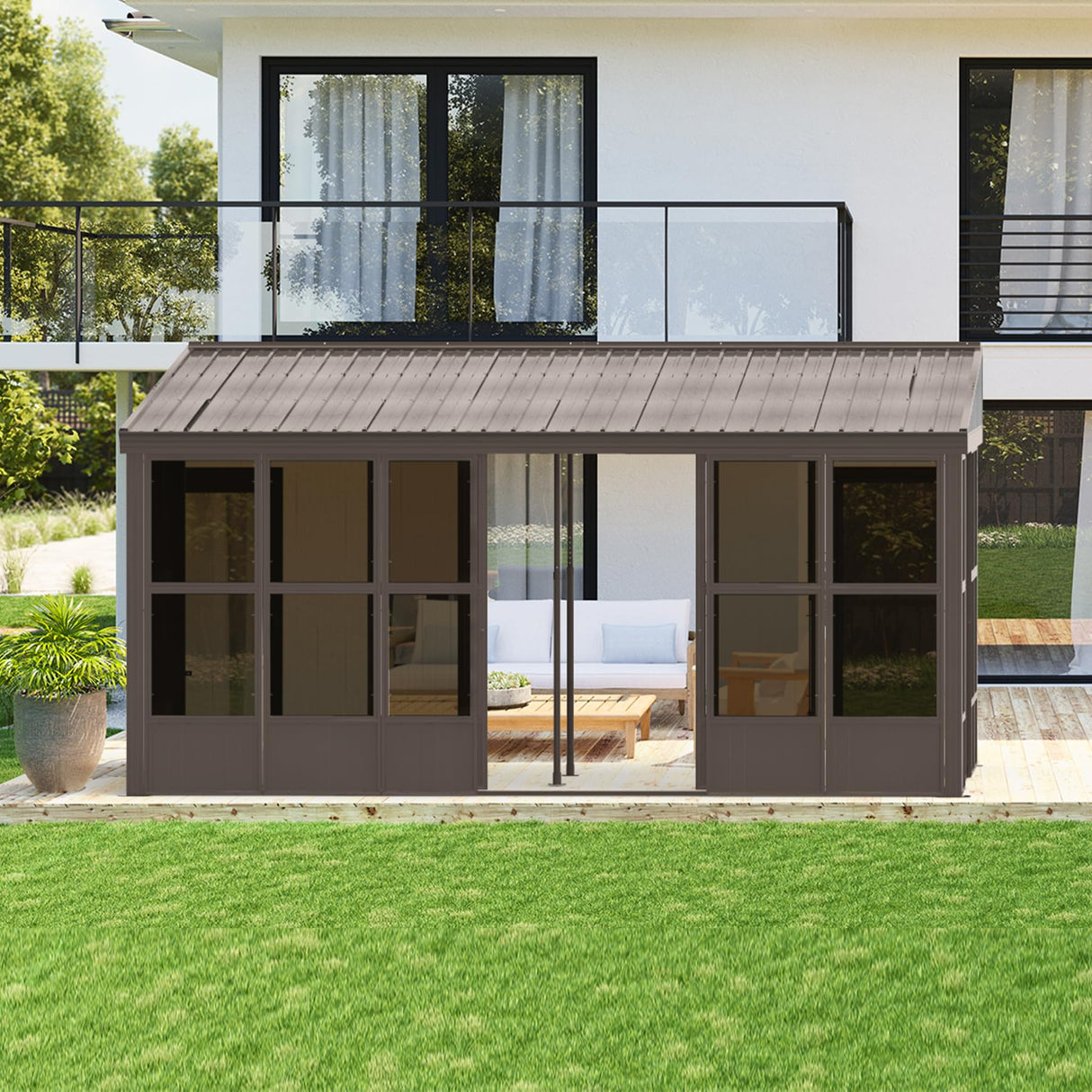 Domi 12x16FT Wall Mounted Sunroom,Solarium Aluminum Enclosed Gazebo with Hard Walls,Front Door&Side Entrance,Galvanized Steel Sloping Roof&Detachable PC Screen,Lean to Gazebo Sun Room for Patio Deck domi outdoor living