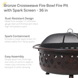 Sunnydaze 36-Inch Bronze Crossweave Wood-Burning Fire Pit - Includes Spark Screen, Fireplace Poker, and Round Cover Sunnydaze