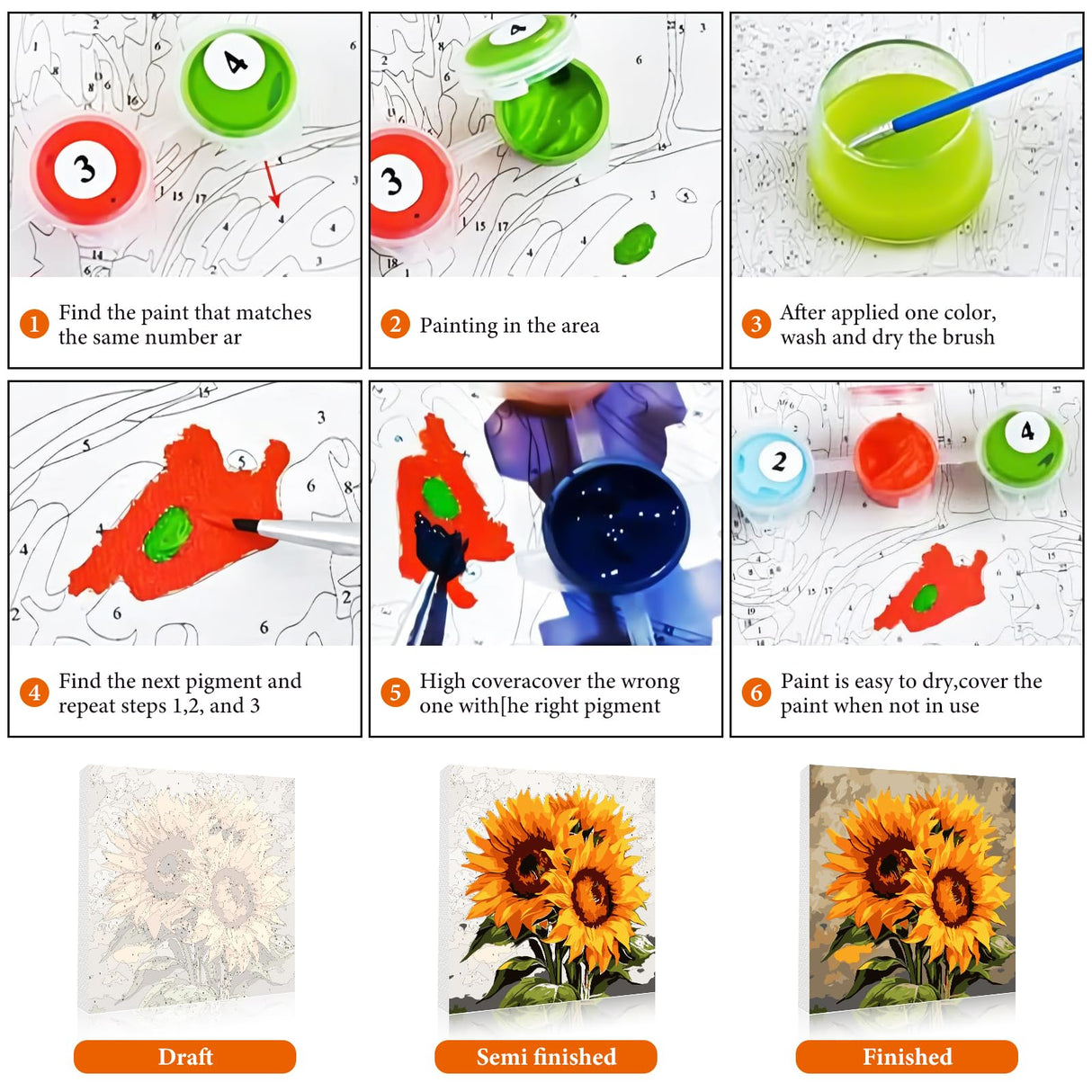 Fountor Framed Paint by Numbers Kit for Adults Beginner & Kids Ages 8-12, Sunflower Paint by Number with Frame, Easy Acrylic Watercolor Sunflower Painting by Numbers Kit on Canvas 10x10 inch Fountor