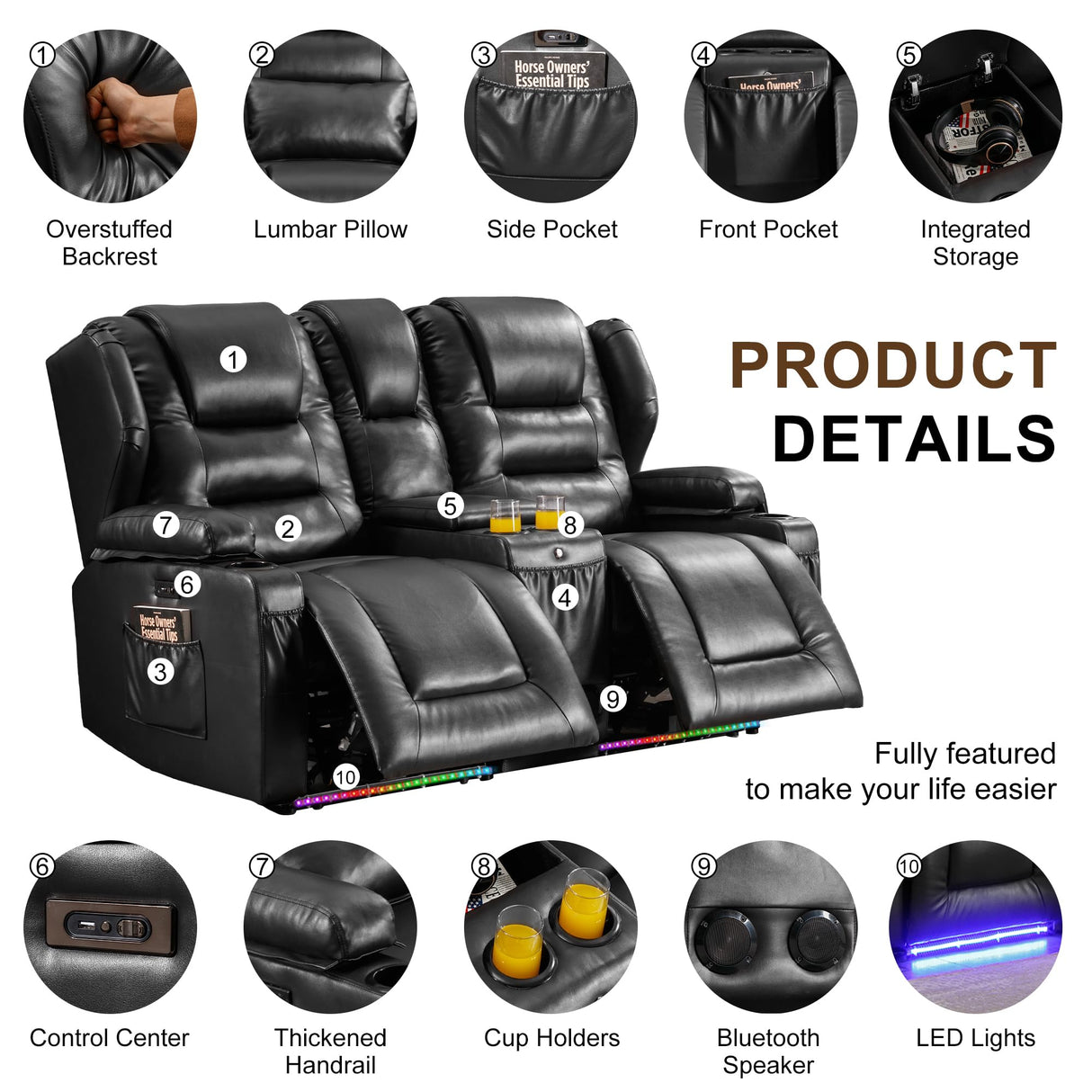 DRMBOOK RV Power Loveseat Recliner Sofa, Faux Leather Double Wall Hugger Reclining Sofa with Console, Home Theater Seating Chair with Cup Holders, 2 Person Couch RV Furniture for Living Room, Black DRMBOOK