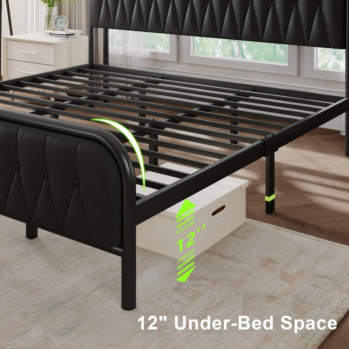 Leather King Size Bed Frame with Fast Charging Station,Metal Platform King Beds with Upholstered Headboard & Footboard,12" Underbed Storage Space, Easy Assembly,Noise-Free,Black Feonase