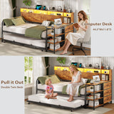 VIAGDO Daybed Twin with Pop Up Trundle, Farmhouse Wooden Day Bed Frame with 3 Storage Drawers and Shelves, Twin to King Daybed with Charging Station and LED Lights for Bedroom, Rustic Brown VIAGDO