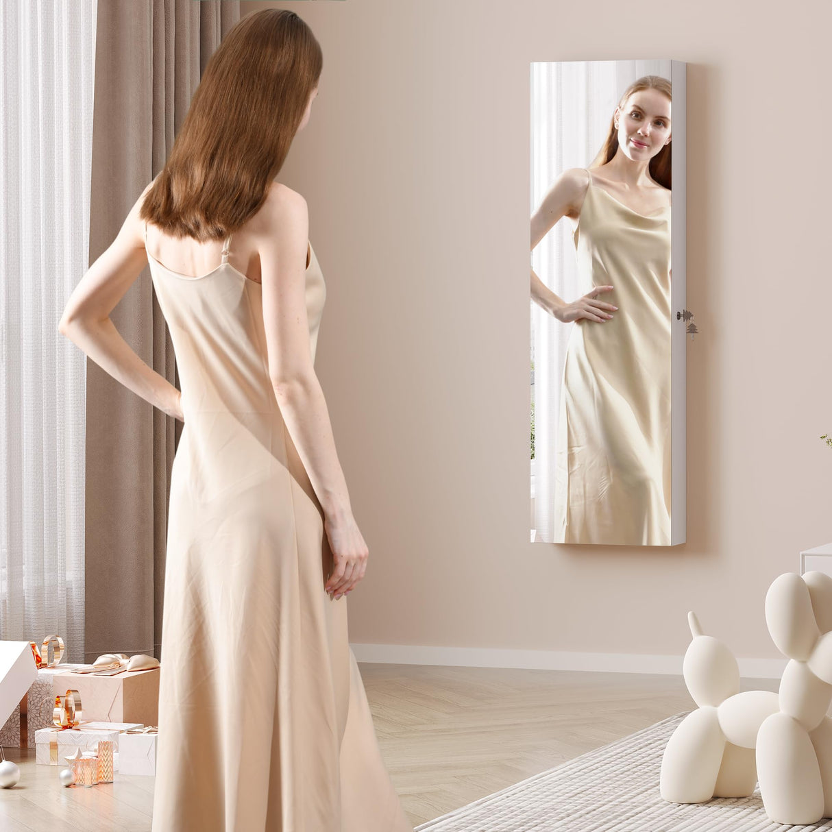 Vlsrka 47.2" LED Jewelry Mirror Cabinet, Wall/Door Mounted Jewelry Armoire Organizer with Full-Length Mirror, Large Capacity Storage Hanging Cabinet, 4 Drawers, 5 Shelves, Built-in Lighted Mirror Vlsrka