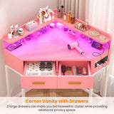 Cyclysio Corner Vanity Desk Without Mirror, Makeup Vanity Table with Lights & Power Outlets, Small Corner Vanity with Drawers for Bedroom,Small Spaces, Pink Cyclysio