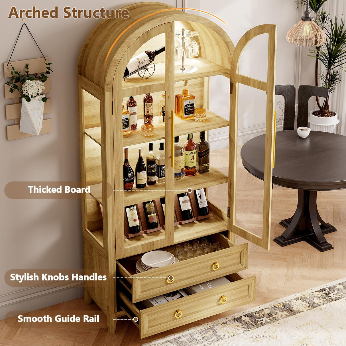 LVSOMT 71" Tall Arched Storage Cabinet with Glass Doors and Drawers, Curio Display Cabinet with Adjustable LED Light & Human Sensor, 4-Tier China Cabinet for Living Room(Wood) LVSOMT