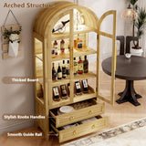 LVSOMT 71" Tall Arched Storage Cabinet with Glass Doors and Drawers, Curio Display Cabinet with Adjustable LED Light & Human Sensor, 4-Tier China Cabinet for Living Room(Wood) LVSOMT