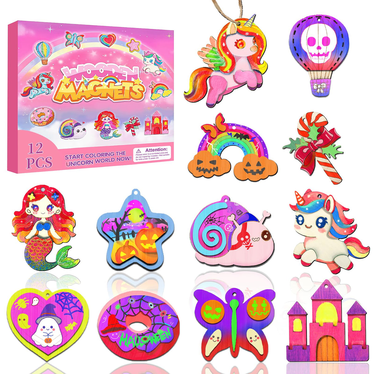 12 DIY Unicorn Wooden Magnets, Halloween Crafts for Kids Art Craft Supplies Painting Kits for Girls Boys Ages 4-8 8-12 Halloween Party Favors Basket Goodie Bag Stuffers Crafts Decoration Unicorn Gifts Gadetouq