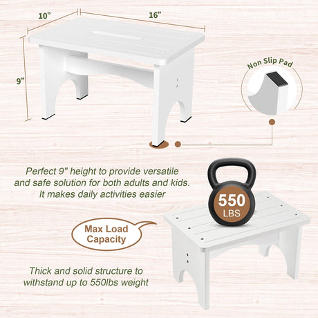 Wooden Step Stool for Adults, 9" Portable Wood Step Stool for Kids, Heavy Duty Bedside One Step Stool with 550 Lbs Load Capacity, Non-Slip White Foot Step Stool for Kitchen Bathroom Bedroom Eiwoda