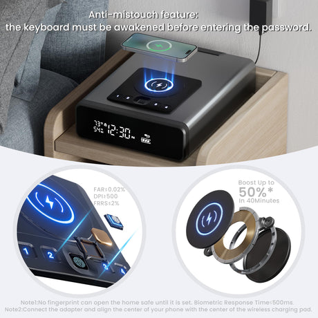 Mboko Biometric Discreet Gun Safe with 12-Hour Time Clock Display, Wireless Charging Gun Safe for Handgun with Adjustable Brightness, Backlit Keypad, LED Light, and Auto Pop-up Access Mboko