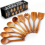 Zulay Kitchen 9-Piece Teak Wooden Utensils for Cooking - Smooth Finish Natural Teak Utensil Set - Non-Stick Wooden Spoons for Cooking - Kitchen Gift Set - Comfortable Grip Wooden Utensil Set Zulay Kitchen