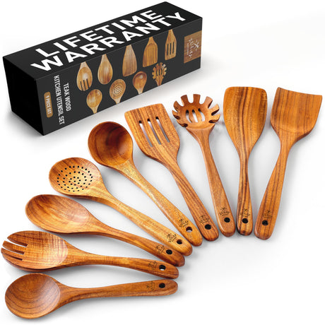 Zulay Kitchen 9-Piece Teak Wooden Utensils for Cooking - Smooth Finish Natural Teak Utensil Set - Non-Stick Wooden Spoons for Cooking - Kitchen Gift Set - Comfortable Grip Wooden Utensil Set Zulay Kitchen