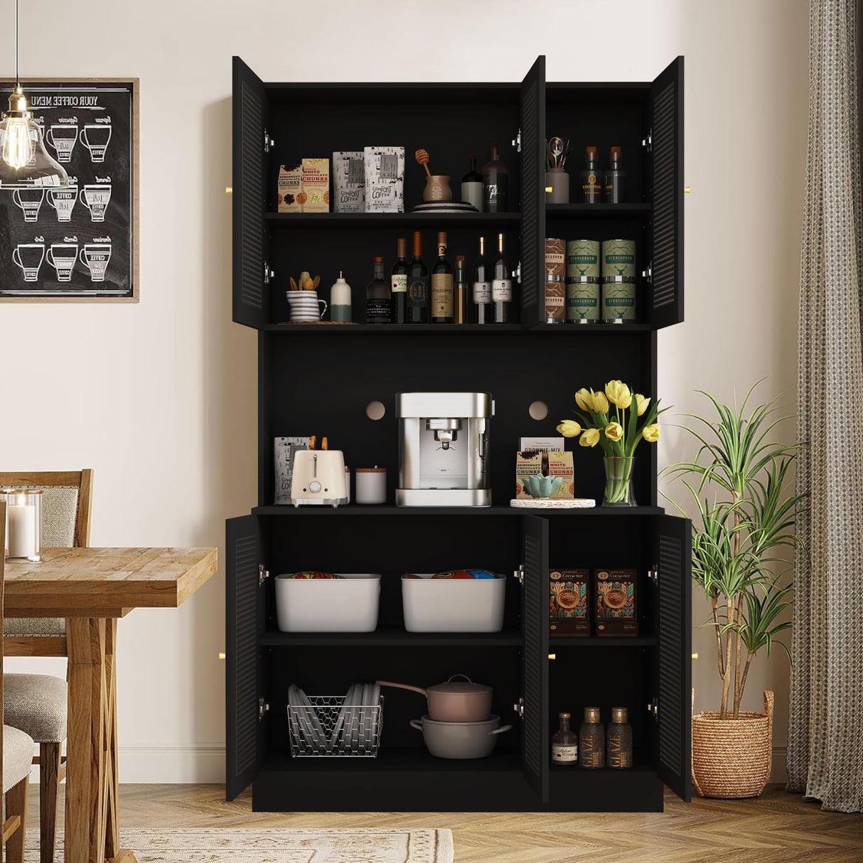 ORRD Black Freestanding Kitchen Pantry Cabinet with Iron Rattan Doors - 6 Door Modern Sideboard Storage Solution ORRD