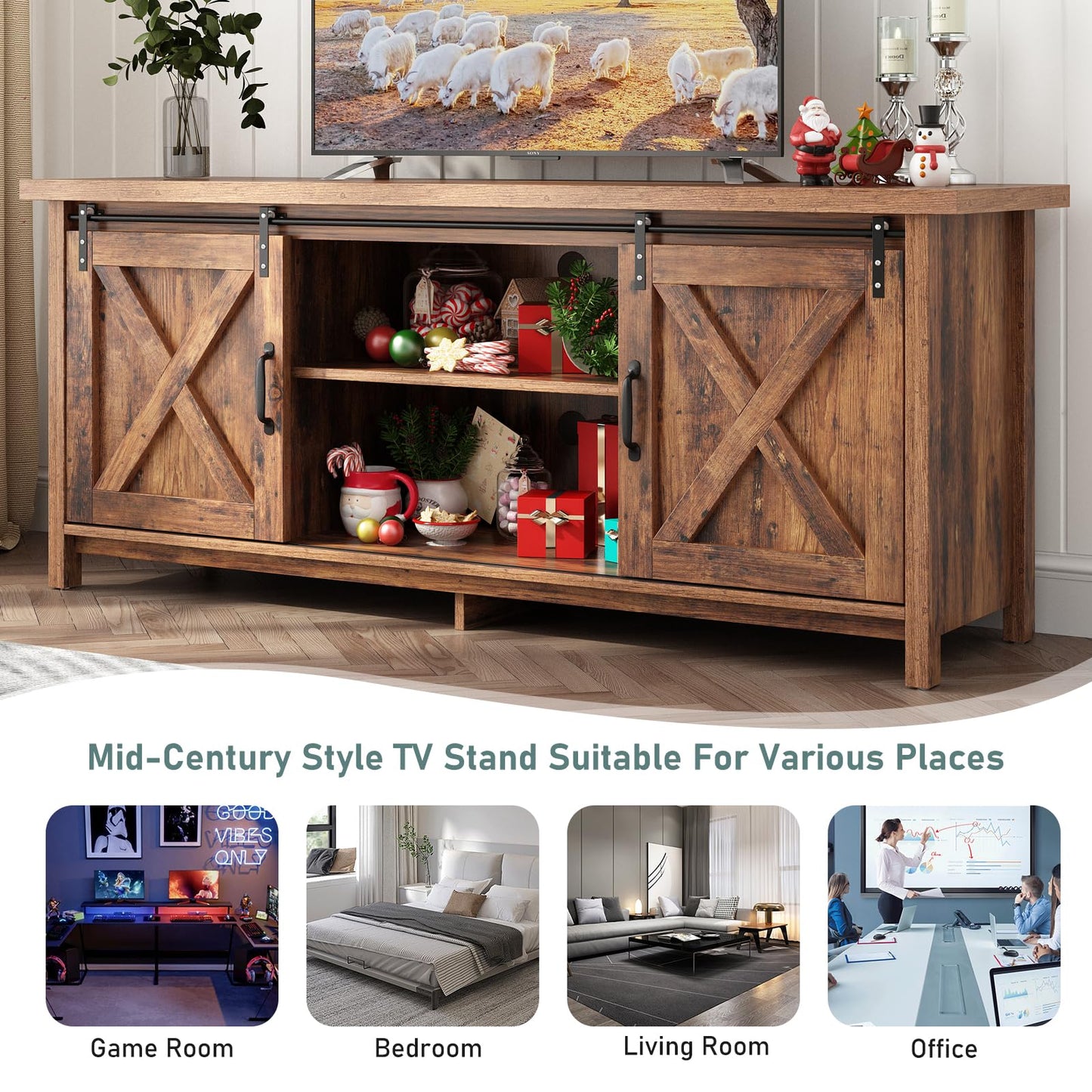 Elibeauty Rustic Brown Farmhouse TV Stand for 50-65 Inch TVs with Adjustable Shelves and Sliding Barn Doors