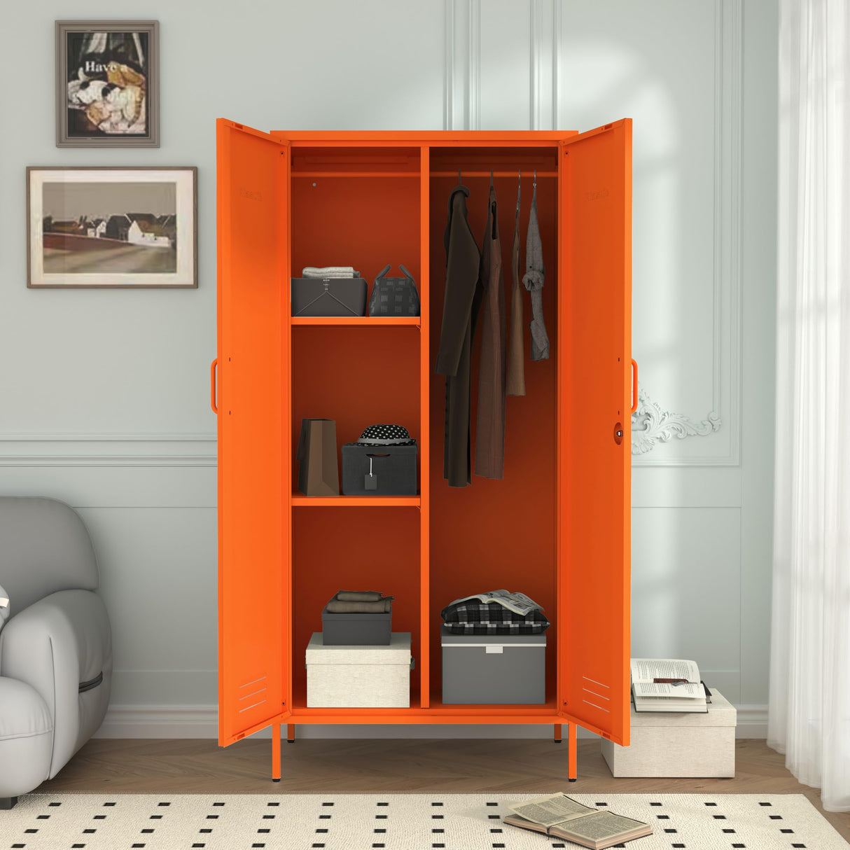 2 Door Wardrobe 67 Inch Orange Metal Storage Cabinet with Hanging Rod, Office Double Door Lockable Metal Adjustable Shelves Wardrobe Bedroom Home Office Storage Cabinet Size： 67"H x 31.5"W x 18.1"D Aiasuit