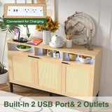 Yeyawomy Buffet Sideboard Cabinet with Storage, Storage Cabinet with LED Light and Charging Station, Rattan Sideboard Storage Cabinet, Farmhouse Kitchen Coffee Bar Cabinet, Boho Chest Storage Yeyawomy