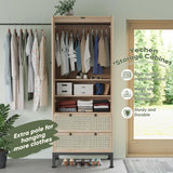 Yechen Natural Rattan Armoire Storage Cabinet, 74" Tall Armoire Closet with Doors, Adjustable Shelves and Drawers, Large Wooden Armoire Wardrobe with 2 Hanging Rods for Bedroom Utility Pantry Yechen