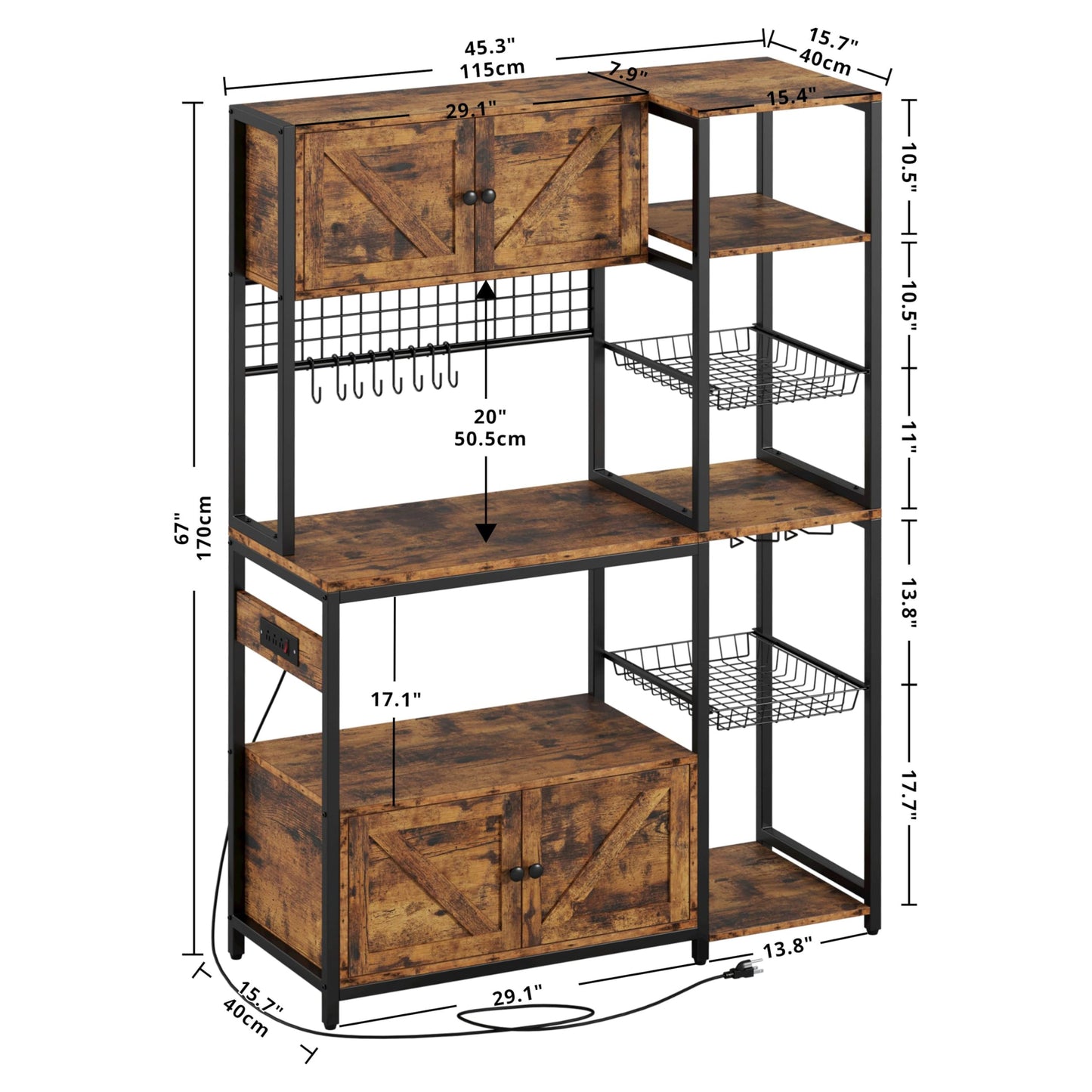 IRONCK Bakers Rack with 2 Storage Cabinets and Power Outlet, 45.3 Inch Industrial Coffee Bar Cabinet Shelves, Kitchen Microwave Stand with Storage, Vintage Brown