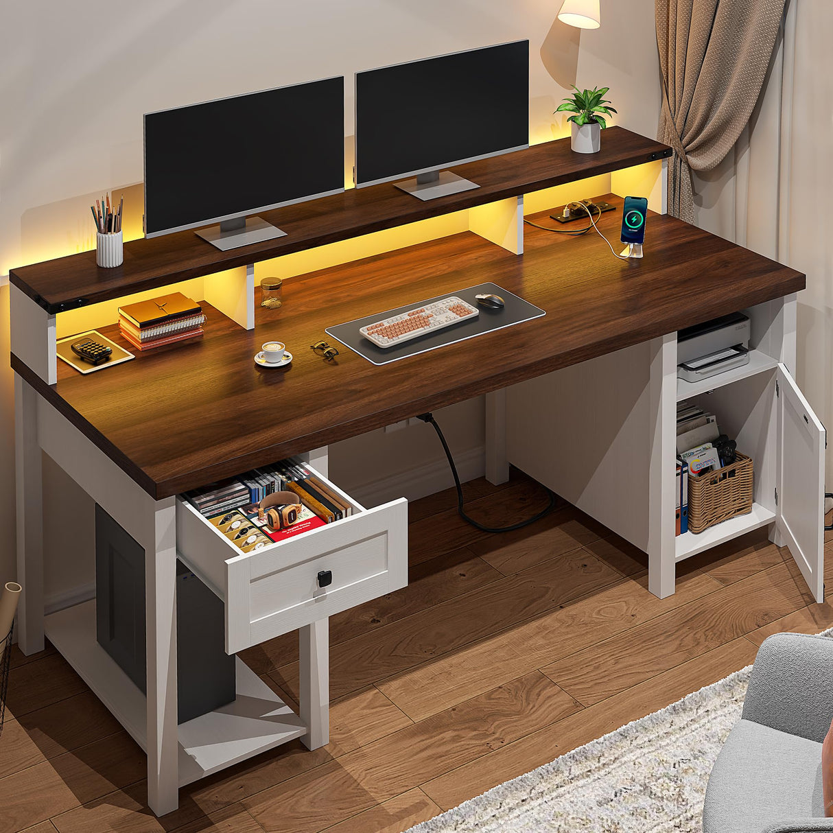 EnHomee 55" Computer Desk with Drawers Farmhouse Desk with Long Monitor Stand Reversible Wood Desk with Power Outlets Large Home Office Desk with Storage Cabinet Writing Desk with Drawers for Bedroom EnHomee