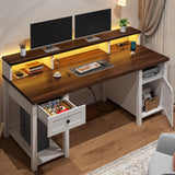 EnHomee 55" Computer Desk with Drawers Farmhouse Desk with Long Monitor Stand Reversible Wood Desk with Power Outlets Large Home Office Desk with Storage Cabinet Writing Desk with Drawers for Bedroom EnHomee