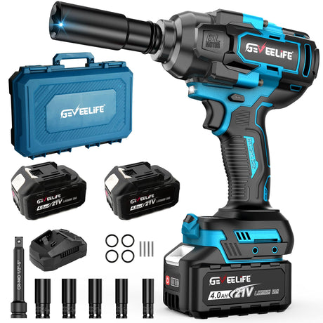 GEVEELIFE 1200N.m (900Ft-lbs) Brushless Impact Wrench, 1/2" Cordless Impact Driver with 2x 4.0Ah Battery, Fast Charger & 5 Sockets, High Torque, Electric Impact Gun for Car/Truck/RV/Mower GEVEELIFE