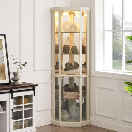 Eyisean 70" H Lighted Corner Curio Cabinet, Curio Display Cabinet with Tempered Glass Door and 5 Shelves, Light Bulb Included, Rack for Living Room (White) Eyisean